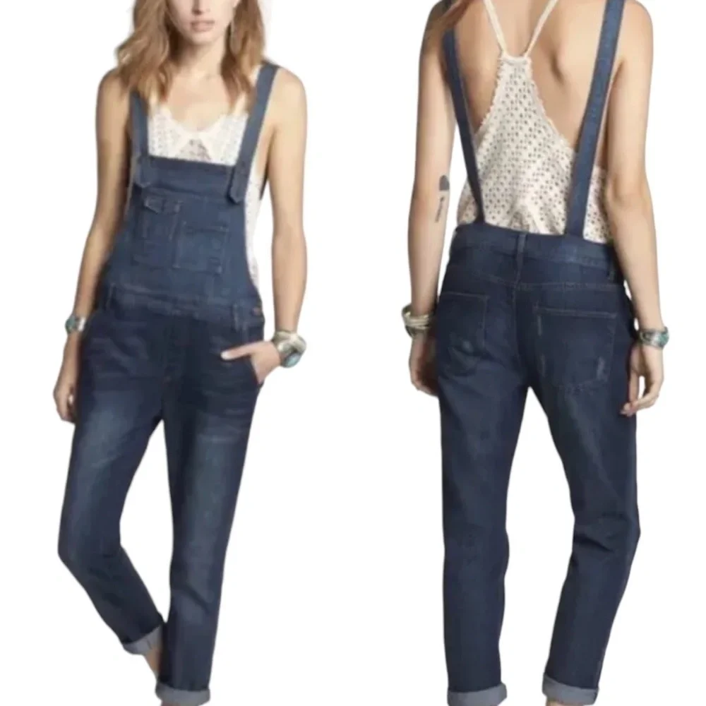 Free People Women's Sz 26 Distressed Backless Denim Overalls